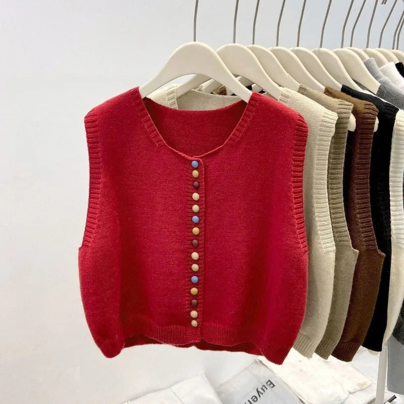 Sweater Vest Autumn Women Rainbow Single-breasted Button Soft Sweater Loose Knit Vest V-neck Knitwear Cardigan Lady Waistcoats - Matrix Studios