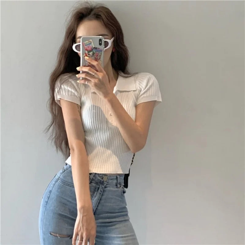 New Polo Women TShirt Ribbed Knitted Sexy Tops Summer Basic Shirts Skinny Slim Casual Short Sleeve Vest Women's Top White Black - Matrix-studios.com