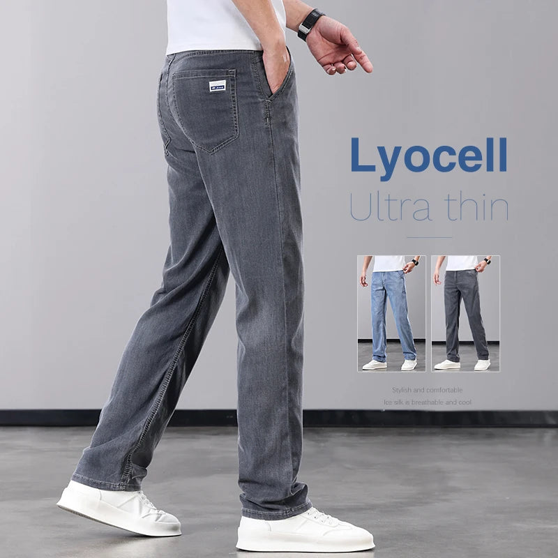 Summer Thin Men's Jeans Lyocell Fabric Soft Breathable Straight Denim Pants Brand Man Elastic Ice Silk Casual Trousers Grey Blue - Matrix Studios