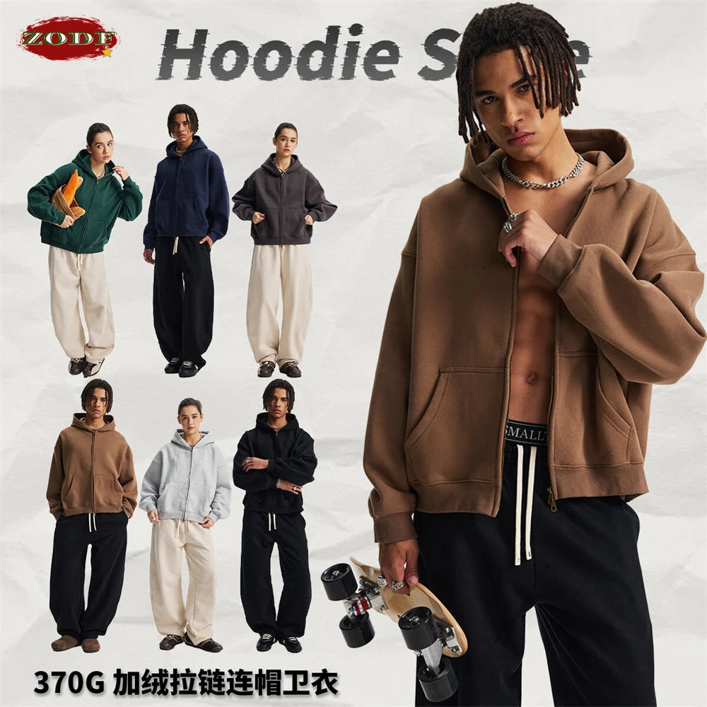 ZODF Trendy 2025 Winter Man Solid Fleece Boxy Hoodies Unisex 350gsm Double Head Zipper Hooded Sweatshirts Coat HY1122 - Matrix Studios