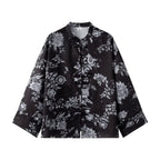 Women Yellow Floral Printing 2-Piece Set Women Stand Collar Long Sleeve Shirt + High Waist Wide Leg Pants Loose Lady Suit