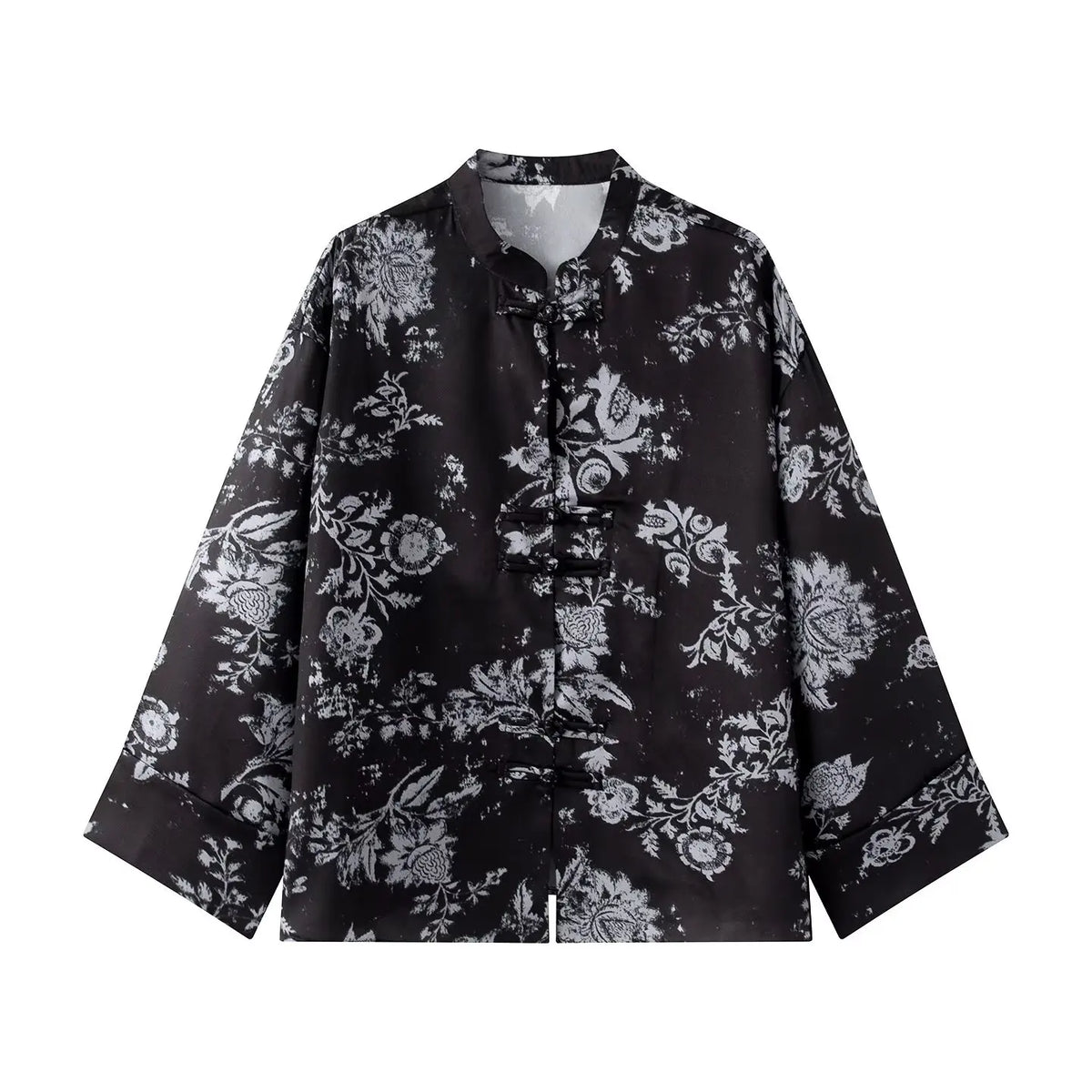 Women Yellow Floral Printing 2-Piece Set Women Stand Collar Long Sleeve Shirt + High Waist Wide Leg Pants Loose Lady Suit