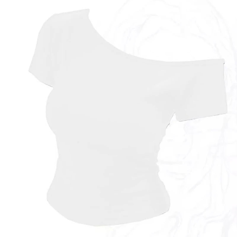 Summer Off shoulder Top Women Slim fit Body Summer  Short sleeve T shirt One shoulder Female Sexy Basic Tees Korean Chic - Matrix-studios.com