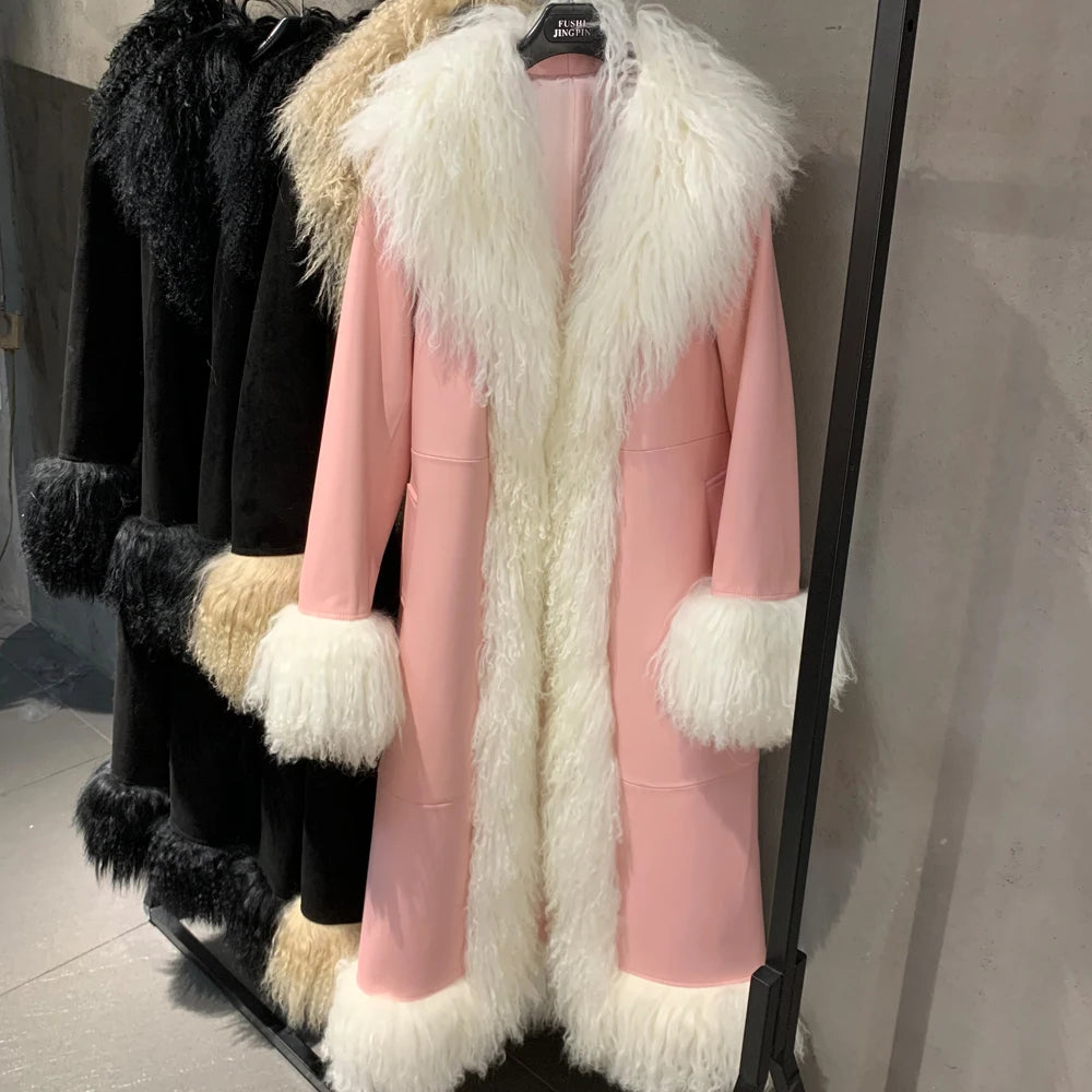 Suede Coat Fur Collar Women Autumn Genuine Sheepskin Coat Long with Mongfolian Fur Trim - Matrix Studios
