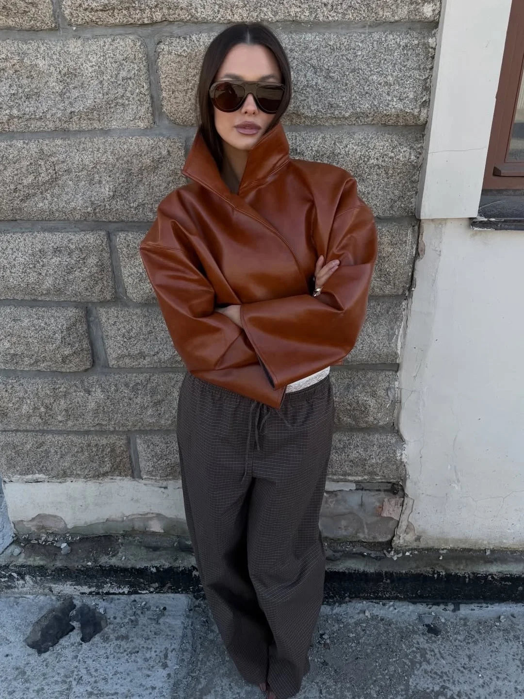 Women's Casual Solid Loose Pu Jackets Stand Collar Loose Fashion Outerwears Autumn Winter Laies Street Chic Short Coat 2026 New - Matrix Studios