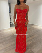 Qanz Red Lace Appliques Robes De Soirée Sweethert Sleevelss Mermaid Prom Dresses Corset Back Evening Dresses Woman Customized - Matrix-studios.com