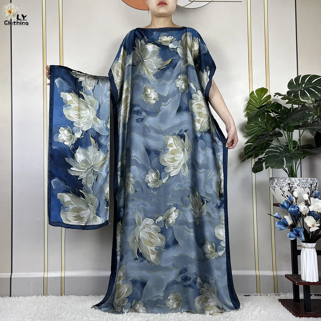 Muslim Abayas For Women 2023 New Fashion Printed Silk Soft Loose Femme Elegant Robe African Maxi Party Dresses With Belt Turban - Matrix-studios.com
