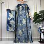 Muslim Abayas For Women 2023 New Fashion Printed Silk Soft Loose Femme Elegant Robe African Maxi Party Dresses With Belt Turban - Matrix-studios.com