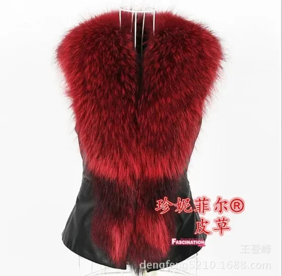 Women Leather Jacket Fur Collar Stitching Simulation Leather Oversized Raccoon Autumn Winter Solid Color Sleeveless Vest Coat - Matrix Studios