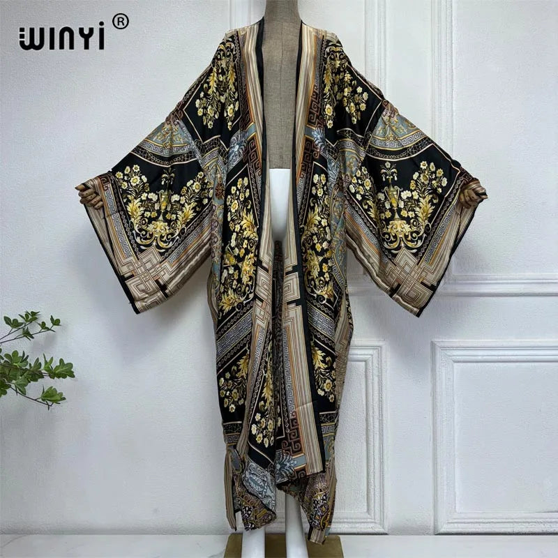 WINYI Kimono Women Summer New Print Long Sleeve Cardigan Female Blouse Loose Abaya Casual Beach Cover Up Boho Dress Party Kaftan - Matrix Studios