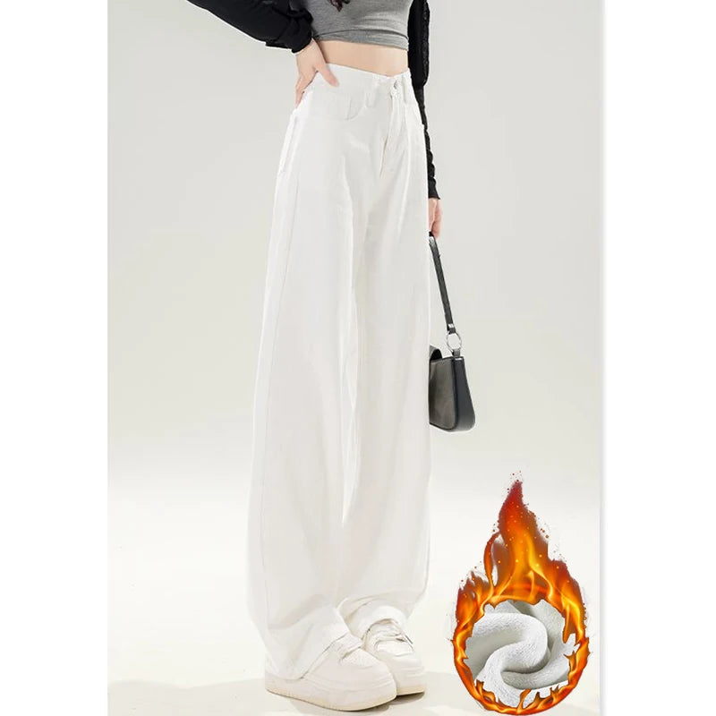 Winter Girls Thermal Fleece High Waist Jeans Lady Snow Warm Plush Denim Pants Women Classic Fashion Straight Leg Trousers - Matrix-studios.com