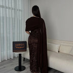 Bella Customized Chocolate Brown One-Shoulder Capelet Sequin Prom Dress Slim Fit Party Dresses Floor-Length Elegant Formal Gown - Matrix-studios.com