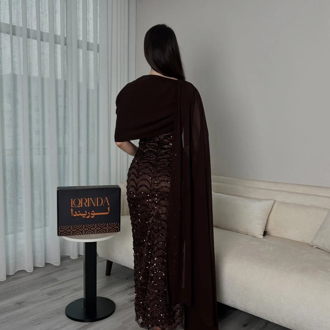 Bella Customized Chocolate Brown One-Shoulder Capelet Sequin Prom Dress Slim Fit Party Dresses Floor-Length Elegant Formal Gown - Matrix-studios.com