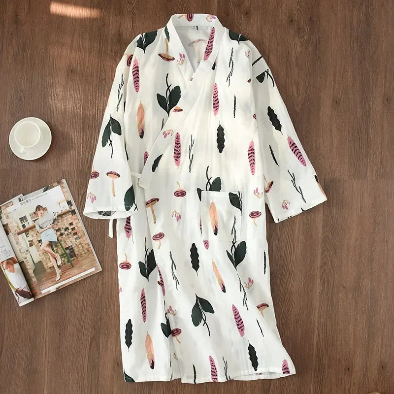Japanese-style Kimono Pajamas Summer New 100% Cotton Gauze Pajamas Nightgown Ladies SPA Yukata Homewear Long Pajamas Women - Matrix-studios.com