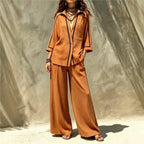 Women 2 Piece Set Contrast Black Piping 3/4 Sleeve Lapel V‑Neck Loose Shirt High Waist Wide Leg Pants Elegant Casual Office Suit - Matrix-studios.com