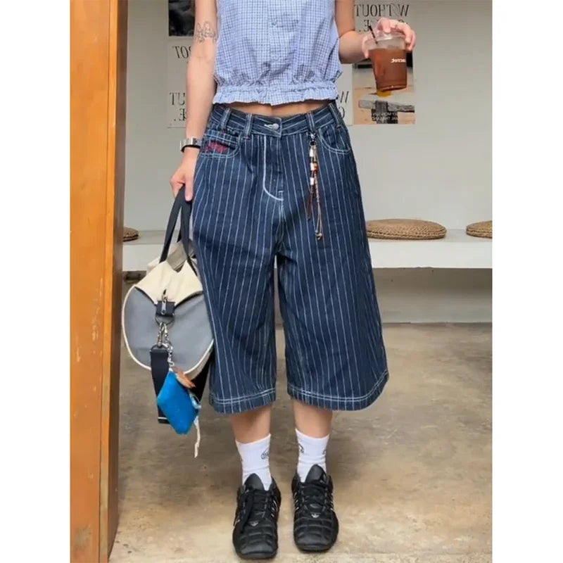 Women's Light Blue Calf Length Cargo Jeans Harajuku Y2k Baggy Denim Trousers Japanese 2000s Oversize Jean Pants Vintage Clothes - Matrix-studios.com