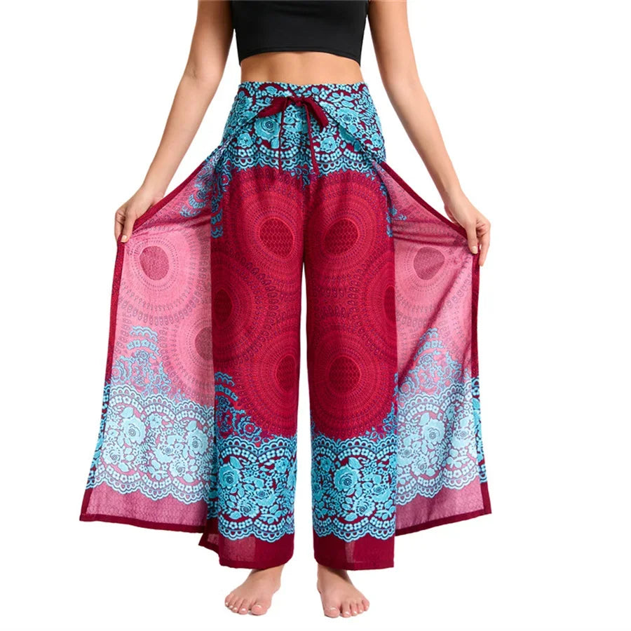 Women's Boho Palazzo Pants Wide Leg Yoga Wrap Tie Up Waistband Beach Cover Up Trousers Rayon Soft Breathable Loose Pants - Matrix Studios