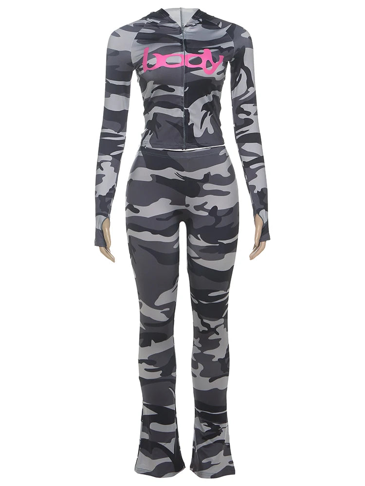 Sisterlinda Letter Print 2 Piece Set Women Zip Cardigan Hooded Crop Jacket+Skinny Leggings Hot Girls Wild Sporty Style Outfits - Matrix-studios.com