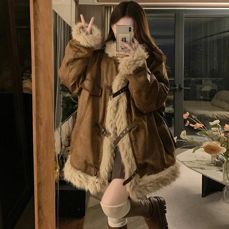 New Retro Fur Leather Lambskin Suede Jacket Women Winter Warm Thicken Loose Motorcycle Cotton Jacket Women Plus Velet Fur Coat - Matrix Studios
