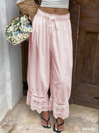 Womens Wide Leg Pants White Polyester Lace Trim Hem Casual Loose Fit Summer Trousers Wide Leg Pants - Matrix-studios.com