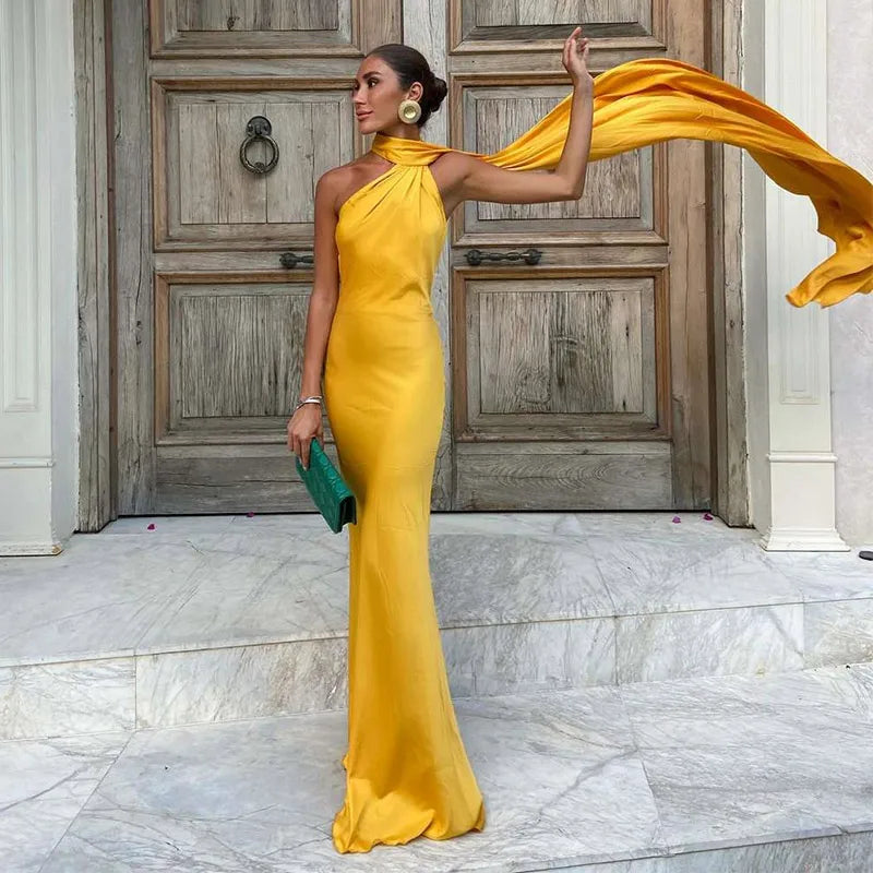 Elegant Ribbon Halter Dress Women Solid Off Shoulder Sleeveless Backless Slim Maxi Dresses 2025 Summer Autumn Party Robes Lady - Matrix-studios.com