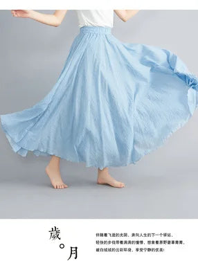 28-Color Mori Girl Literary Cotton Linen Dress Elastic Waist A-line Expansion Skirt Solid Color Ethnic Style Women Long Skirts - Matrix-studios.com