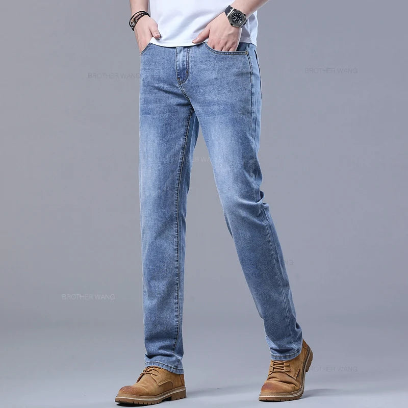 Spring Men's Light Blue Slim Jeans Stylish Casual Stretch Fabric Denim Pants Classic Trousers Smoke Gray - Matrix Studios