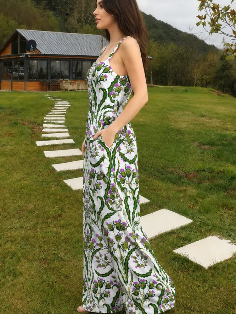 2026 New Style Fashionable Women's Printed One-Piece Pants, Bohemian Square Neckline, Loose Wide Legs, Elastic Waistband, Light-Colored Print, American Size, Shipped from the US Warehouse, Fast Delivery, Outdoor Vacation Slee - Matrix Studios