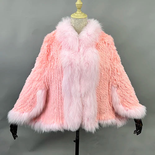 New Real Genuine Natural Knitted Rabbit Fur Shawl Coat With Fox Fur Collar Women's Fashion Knit Jacket Cape - Matrix Studios