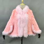 New Real Genuine Natural Knitted Rabbit Fur Shawl Coat With Fox Fur Collar Women's Fashion Knit Jacket Cape - Matrix Studios