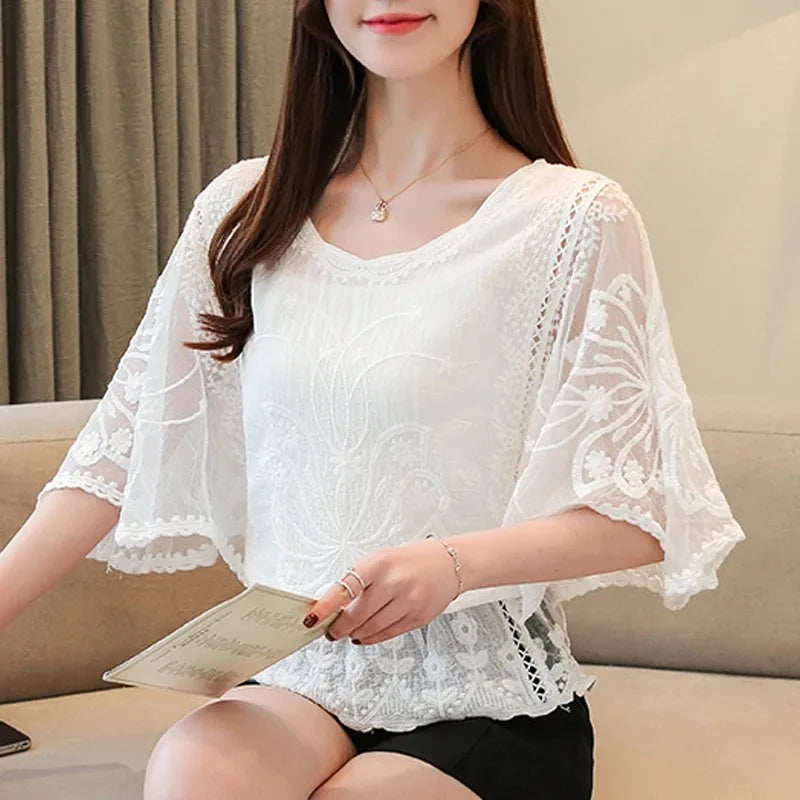 Summer Loose Lace Blouse Women 2025 Butterfly Sleeve Chiffon Shirt Woman Fashion Casual Floral White Shirt Tops Blusas 4073 - Matrix-studios.com