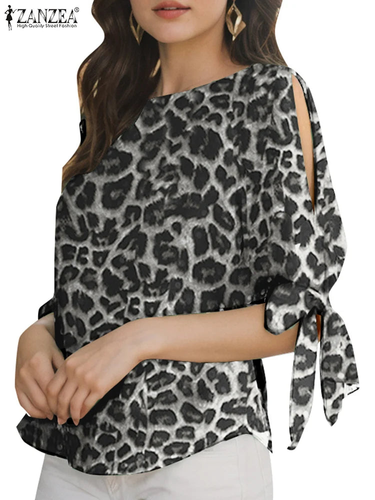 ZANZEA Summer Leopard Printed Blouse Women Elegant Half Sleeve Work Shirt Fashion Lace Up Holiday Tops Bohemian Stylish Blusas - Matrix-studios.com