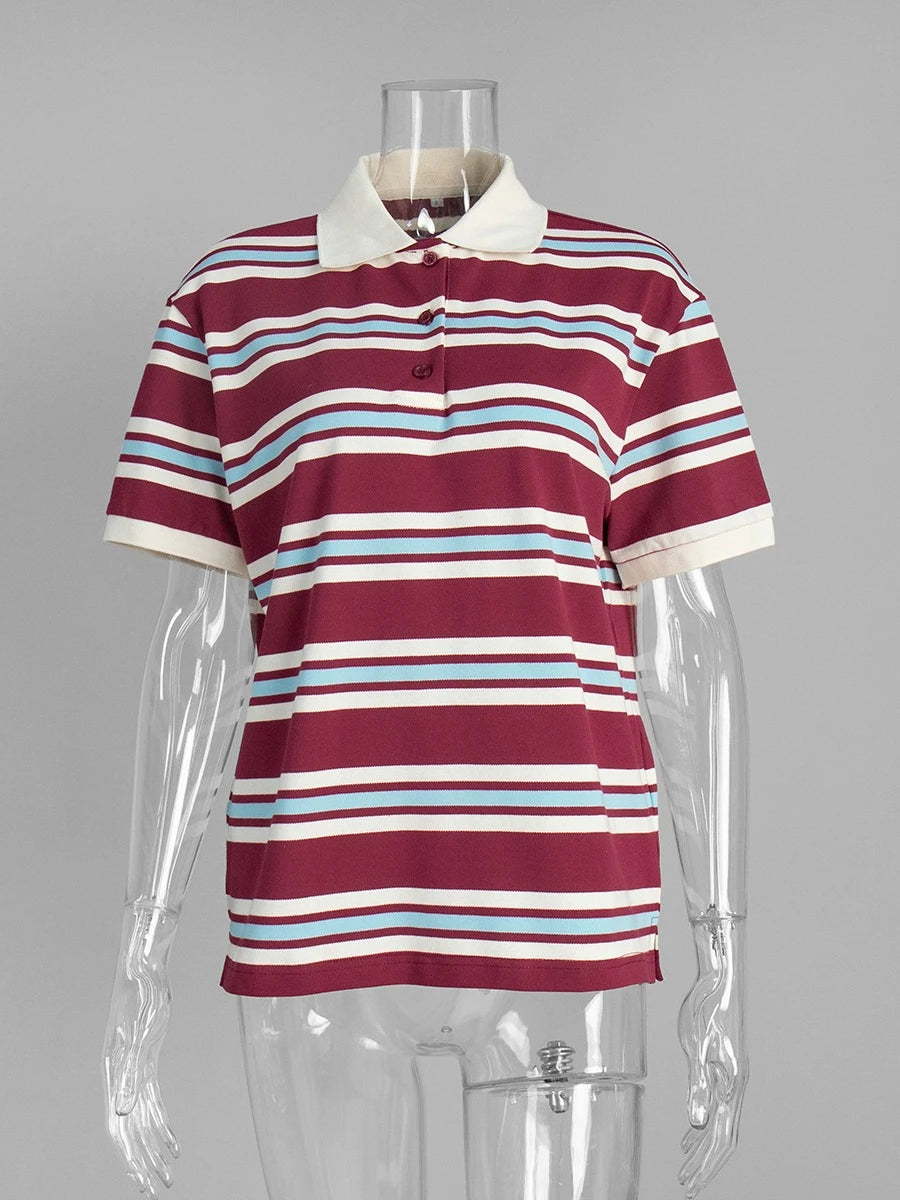 Sumuyoo Women's Retro Striped Polo T-Shirt Loose Fit Short Sleeve Casual Knitted Shirt Fashionable Summer Top for Ladies - Matrix-studios.com
