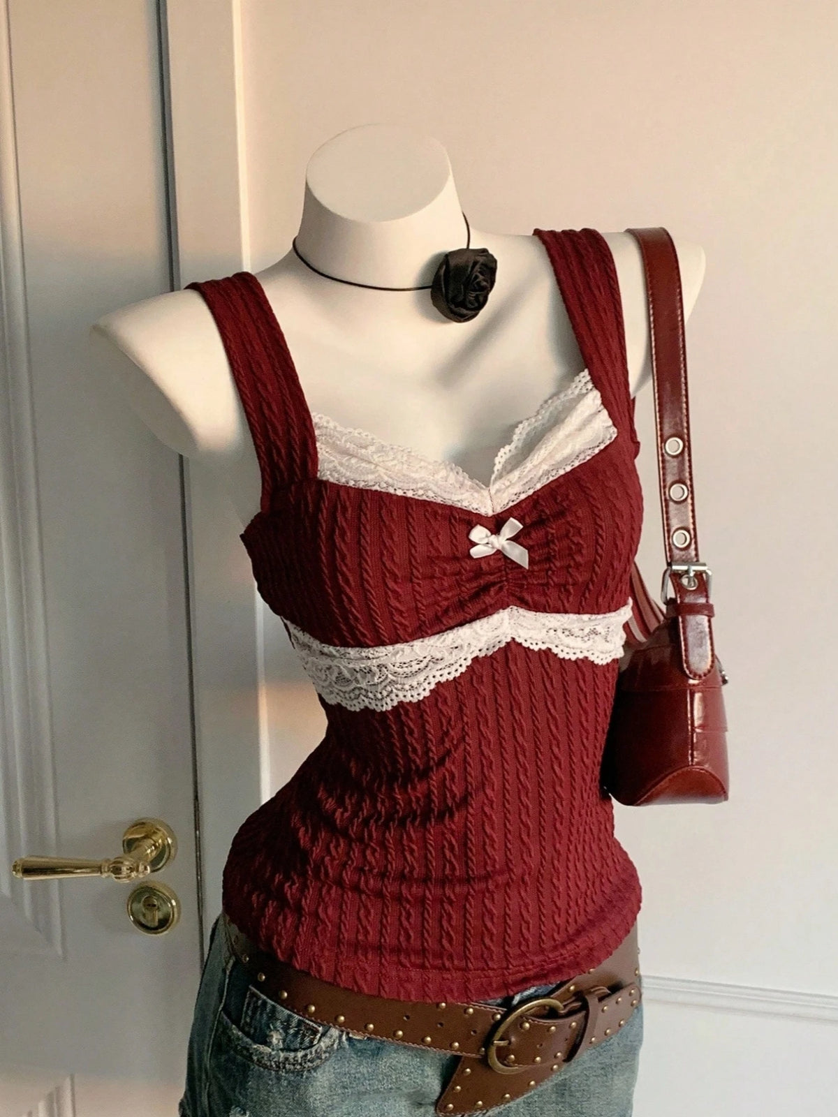 Y2K Summer Fashion New Lace Splicing Bow Decoration Pure Desire Women's Tank Top - Matrix-studios.com