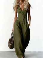 Sleeveless V-neck Buttoned Pocket Solid Color Loose Commuting Pocket Jumpsuit Women Summer New Beach Vacation All-match Jumpsuit - Matrix Studios