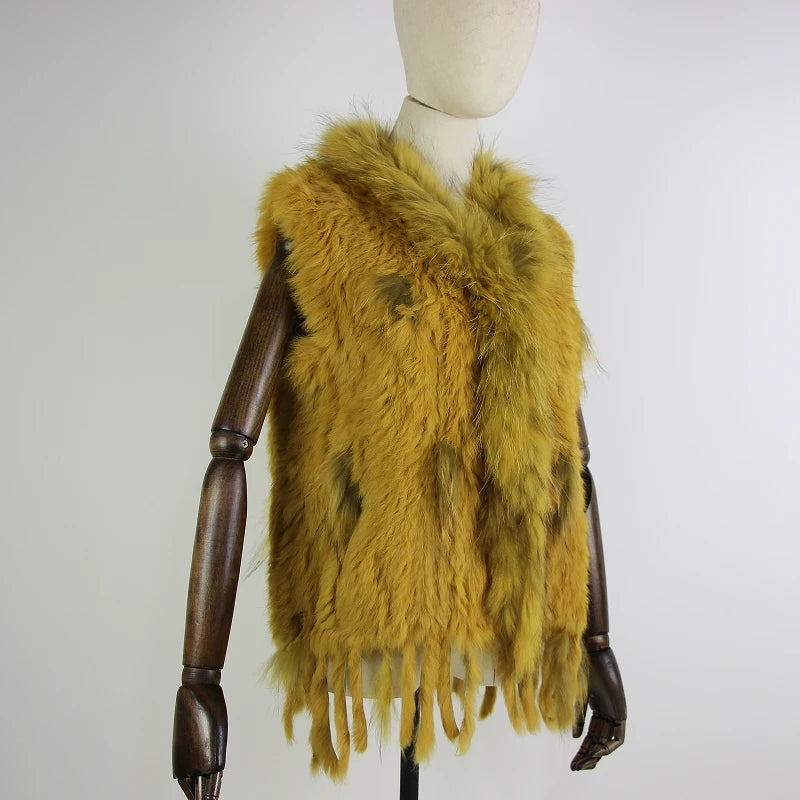 Harppihop womens natural real rabbit fur vest with raccoon fur collar waistcoat/jackets rex rabbit knitted winte - Matrix Studios
