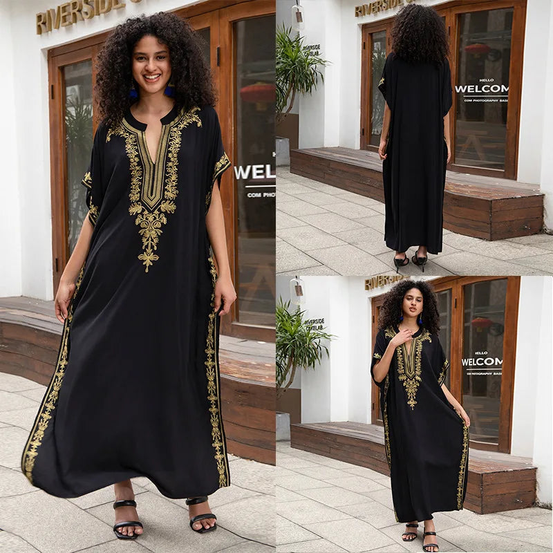 Swimsuit Cover Ups Embroidery V Neck Short Sleeve Swim Cover Up for Women Kaftan Dresses - Matrix Studios
