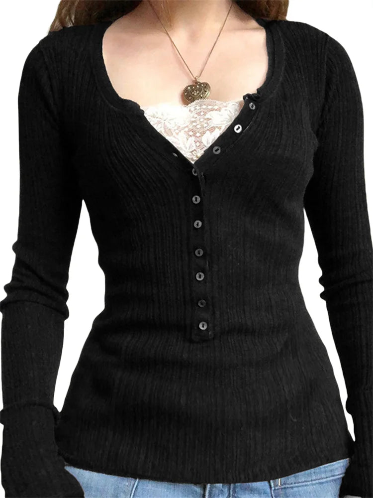Women Button Front Knit Tops Long Sleeve Lace Patchwork Slim Fit Sweater Fall Fairy Grunge Gothic Y2K Clothes - Matrix Studios