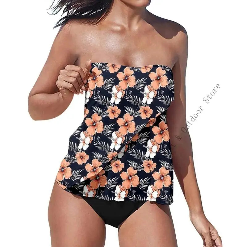 Strapless Tankini Swimsuits for Women 2 Piece Bathing Suits Bandeau Blouson Swim Top with Bottom - Matrix-studios.com