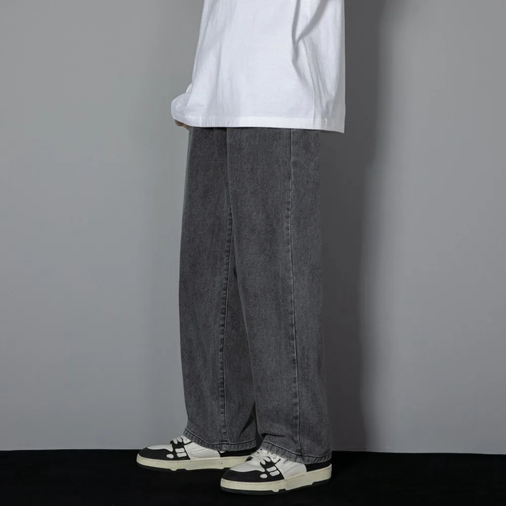 Korean Solid Colors Men's Casual Long Jeans Classic Man Four Seasons Straight Denim Wide-leg Pants Light Blue Grey Black 3XL - Matrix Studios
