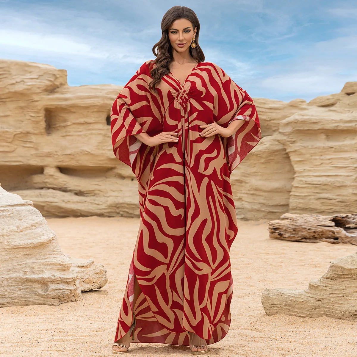 Kaftan Dresses for Women Wave Neck Swimsuit Cover Up Caftan Dress Plus Size Oversized Long Beach Dress - Matrix Studios
