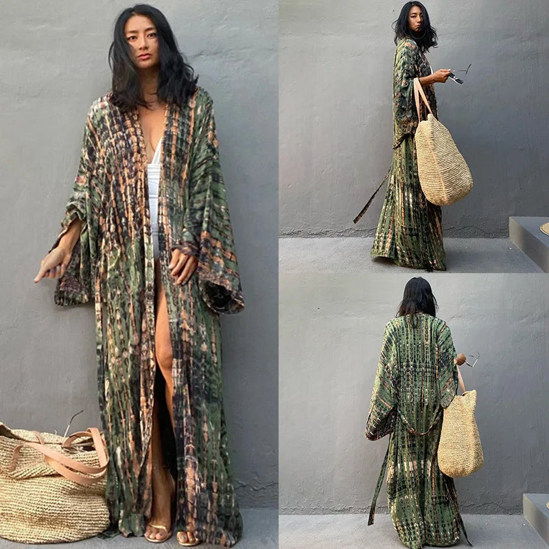Beach Cover Ups Women Tie Dye Printed Kimono Cardigan Self Belted Wrap Dresses Summer Holiday Bathing Suits - Matrix Studios