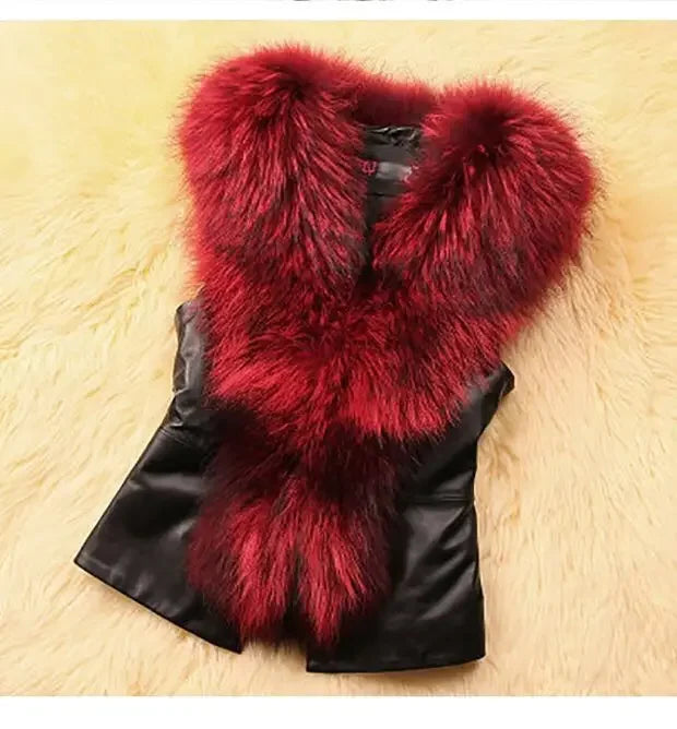 Women Leather Jacket Fur Collar Stitching Simulation Leather Oversized Raccoon Autumn Winter Solid Color Sleeveless Vest Coat - Matrix Studios