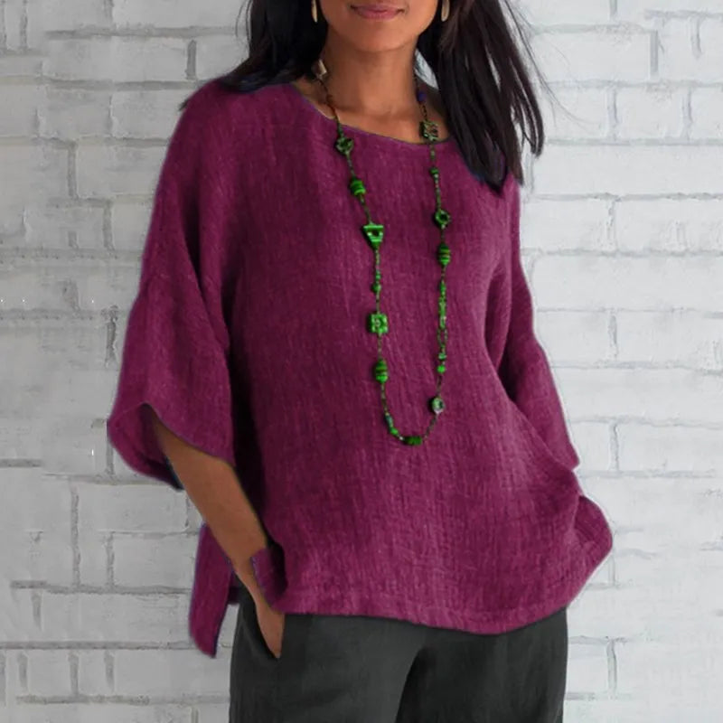 Cotton Blouse Shirts Summer O-Neck Three Quarter Loose Casual Blouse Tops Summer Cothes For Women Streetwear - Matrix-studios.com