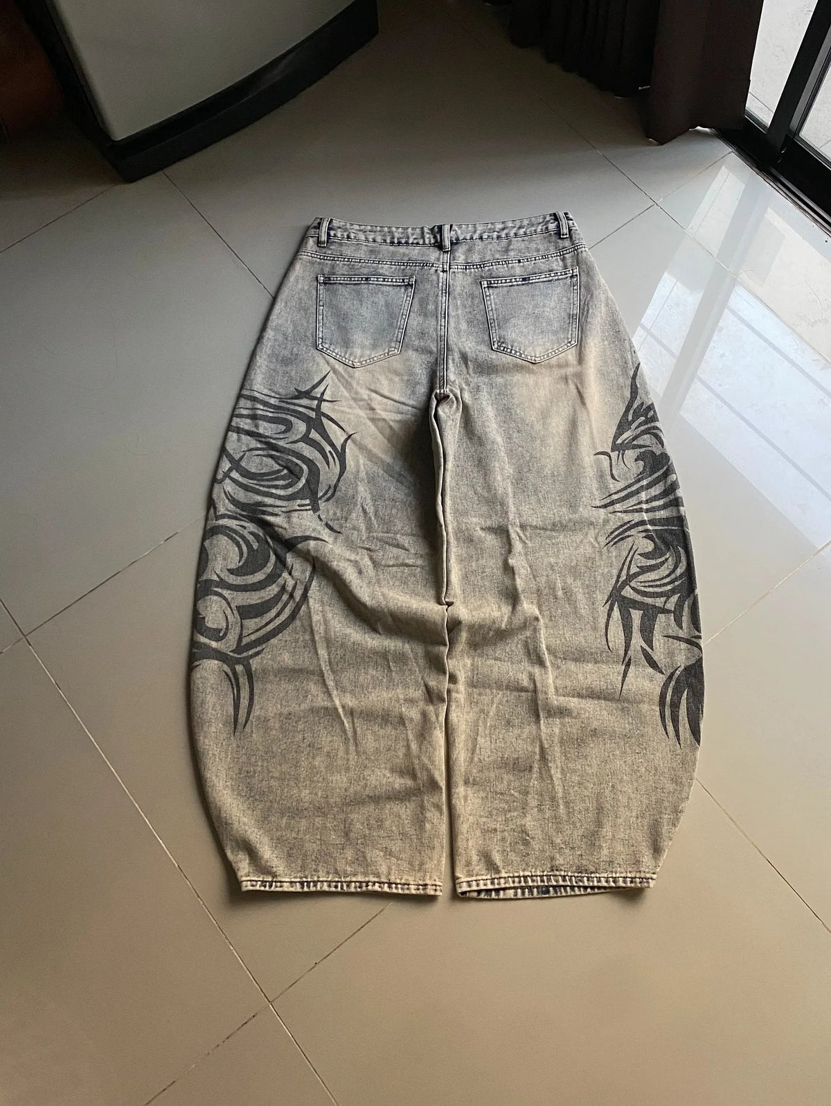 American Retro Streetwear Y2K Gray Printed Loose Jeans Hip Hop Harajuku Casual Washed Distressed Straight Floor Mopping Pants - Matrix Studios