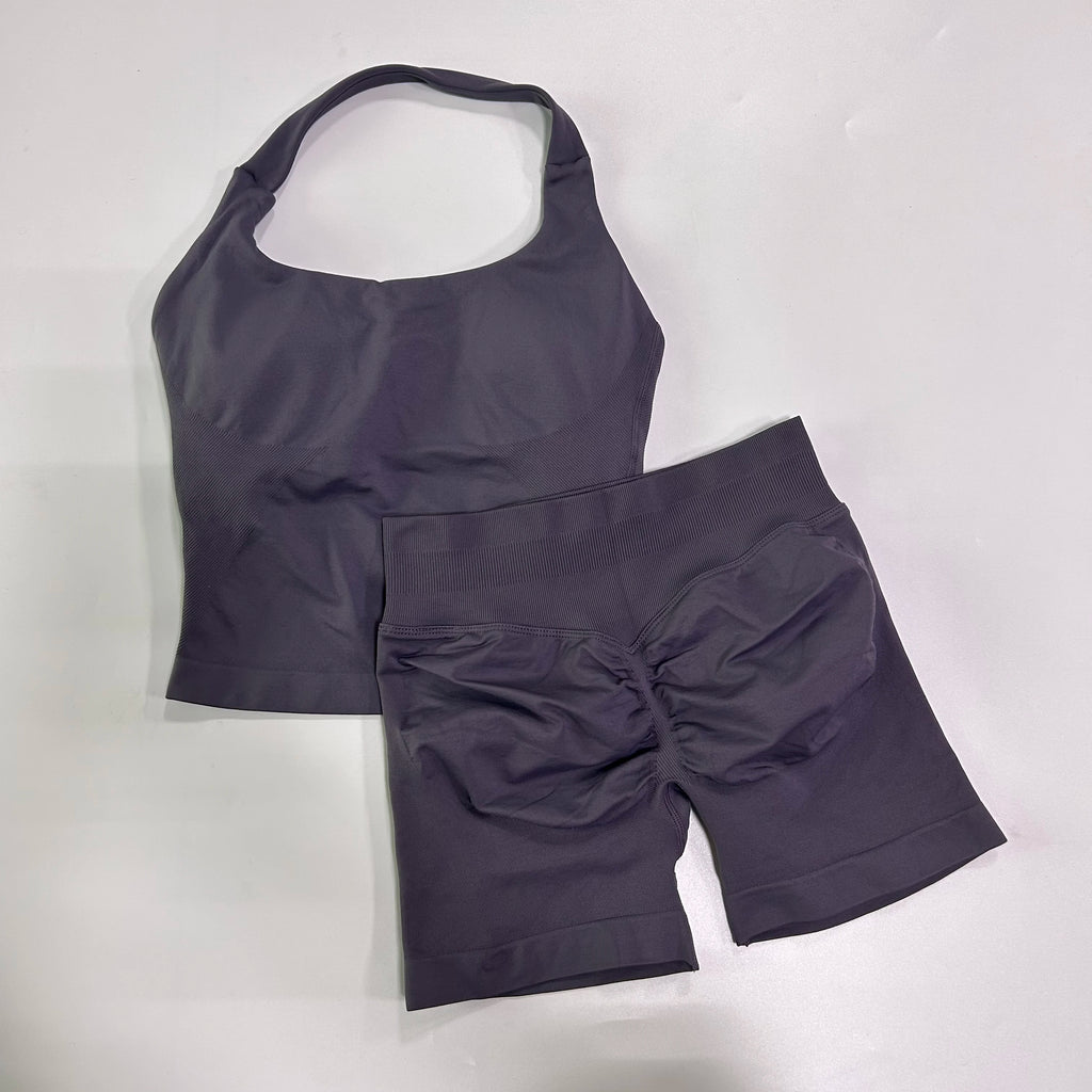 No Logo 2 Pieces Gym Set Women Backless Halter Tops High Waist Seamless Shorts Gym Suit Fitness Clothes Sportswear Workout Sets - Matrix-studios.com