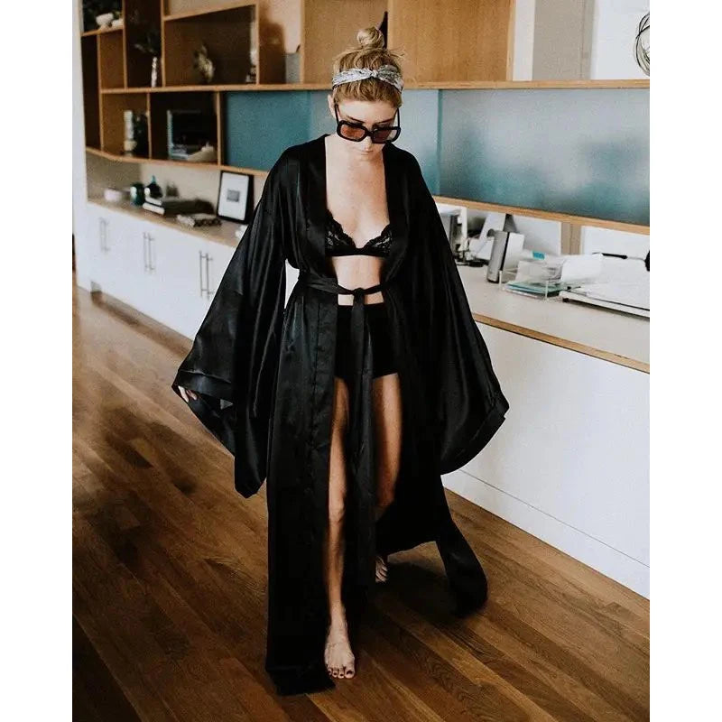2019 New Solid Robes Women Black Red Long Sleeve Nightgown Ladies Girls Silk Satin Smooth Spring Lace Sleepwear Female Bathrobe - Matrix-studios.com