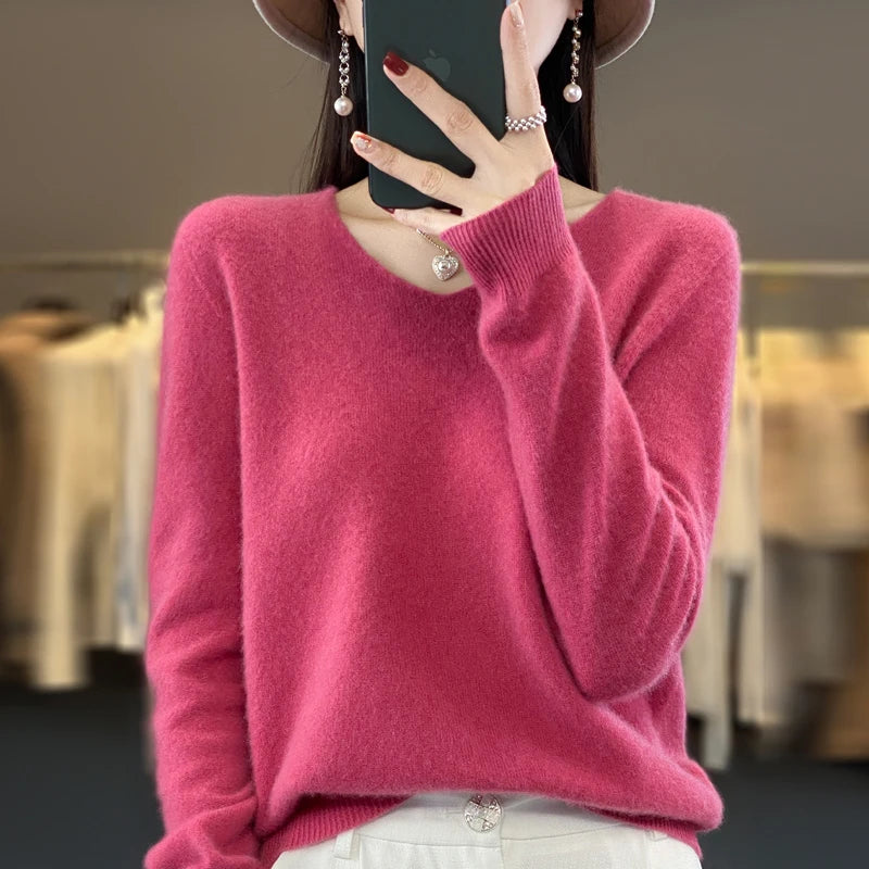 100% pure wool cashmere sweater women's V-neck pullover casual knit top autumn and winter women's coat Korean fashion - Matrix Studios
