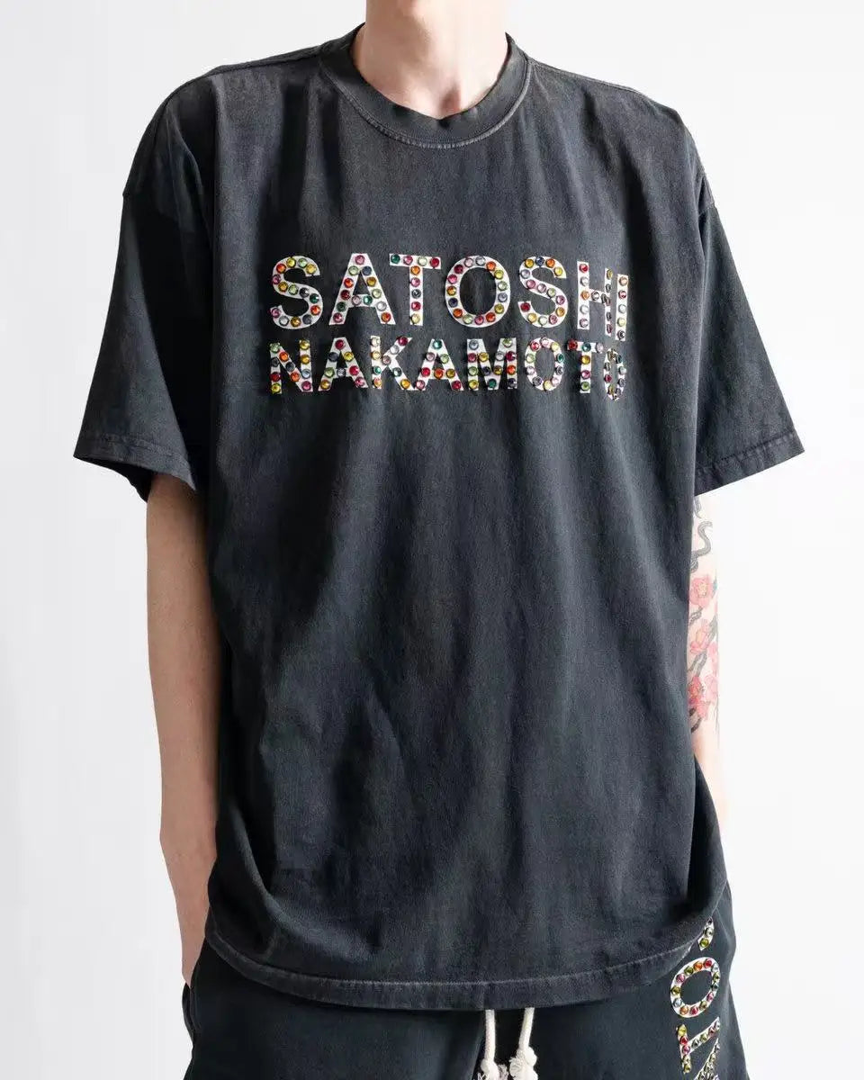 26SS Y2K High Quality American Retro Trendy Fashion Tops Satoshi Nakamoto hotfix rhinestone logo 100% cotton large size loose Men's Women's T-Shirt - Matrix-studios.com