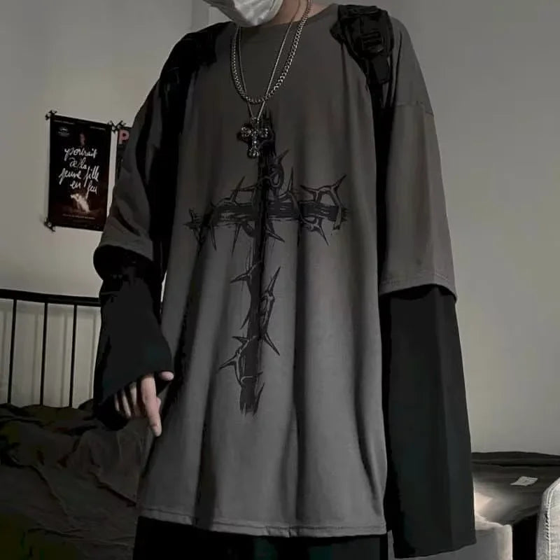 Men T Shirts Autumn Men Clothes Anime Casual Long Sleeved Oversized T-Shirt Harajuku Streetwear Academia Hip Hop Tee Top - Matrix Studios
